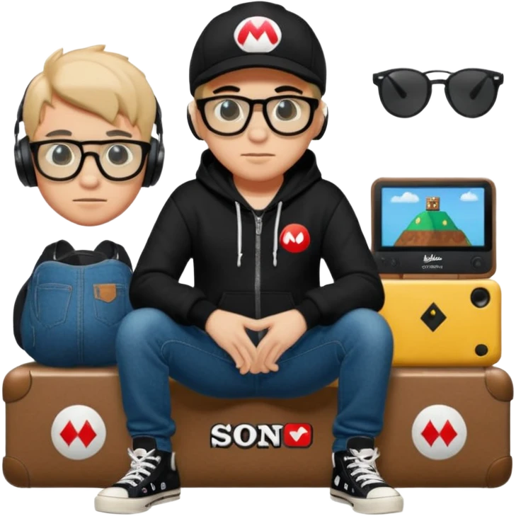 chico vestido de negro con sudadera negra logotipo super Mario con jeans Levis negros tenis converse negros gafas ray-ban fotogray y audífonos Sony emoji