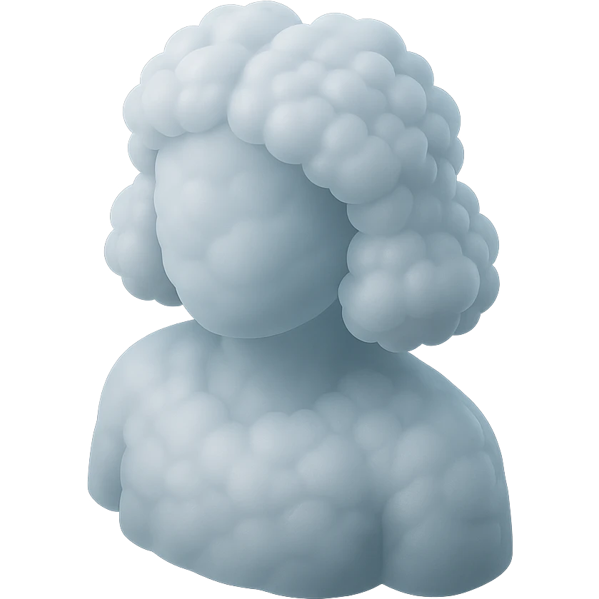 person, frontal view, made of white fluffy convex clouds, shoulder length, no shadows, matte glass style emoji