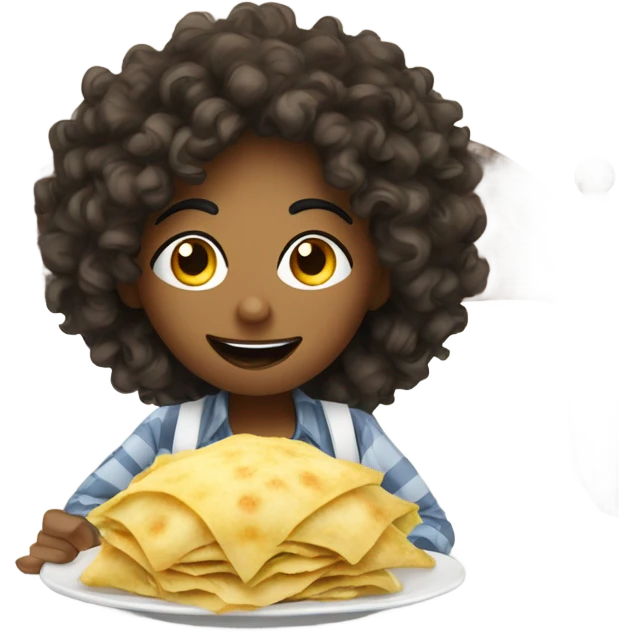 Person that’s mixed in a hotel on a bed witt curly hair and freckles eating ravioli on a white bed emoji