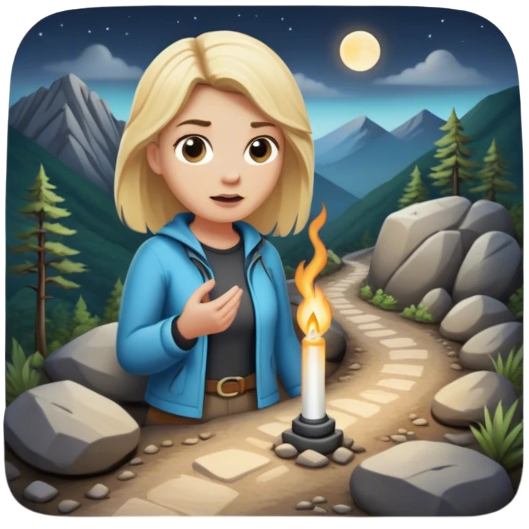 mountain 2 crossroads trails with rocks  two trails—one illuminated,, and one in darkness, representing reaction with a back of a blonde woman choosing the lighter path  emoji