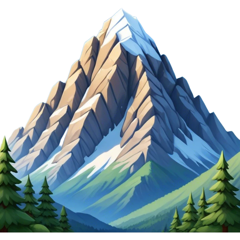 Cinematic Realistic Mountain Emoji, Majestic and towering, with craggy, snow-capped peaks rising sharply against a deep blue sky. The rugged terrain is dotted with rocky outcrops and patches of greenery, with clouds swirling around the higher reaches. Soft glowing outline, capturing the essence of ancient strength and natural beauty in a towering mountain! emoji