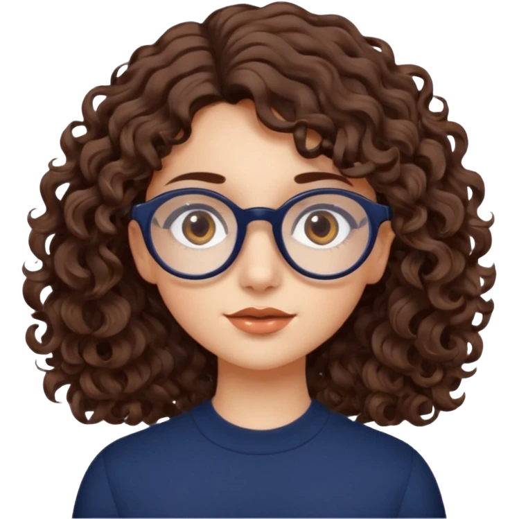 medium fair-skinned girl with brownish hazel eyes, roundish ovalish dark navy glasses, wavy curly choco brown hair emoji