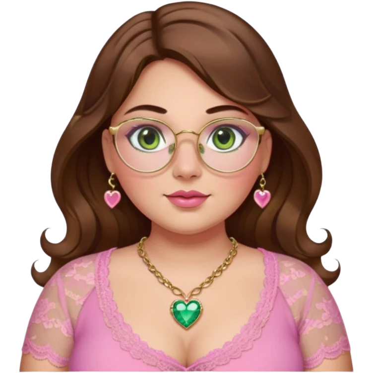 Baddie bratz girl with middle parted long wavy brown hair. green eyes. Plus size. pink lace top. gold nose ring. pink heart crystal necklace. Gold rimmed glasses emoji