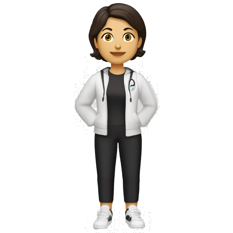 Profesora de cilcismo de piel morena clara de contextura delgada estatura alta con zapatillas de ruta blancas licras negras y maillot blanco casco blanco emoji