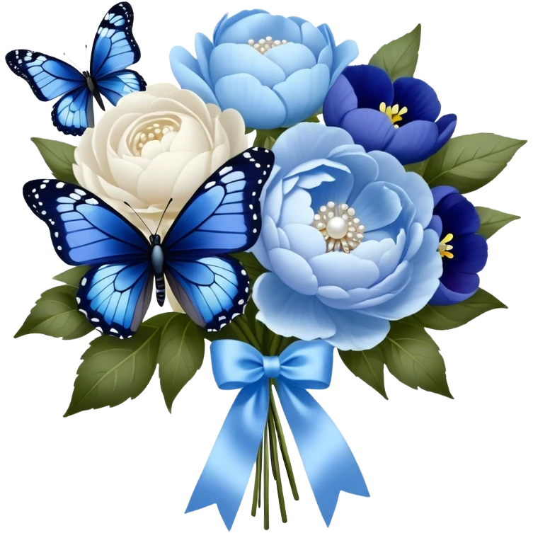 An elegant butterfly with midnight blue and sky blue wings, accented with delicate white tracings, hovering above a beautifully arranged bouquet of soft pastel blue peonies and deep indigo pansies, tied together with a flowing pearl satin ribbon. emoji