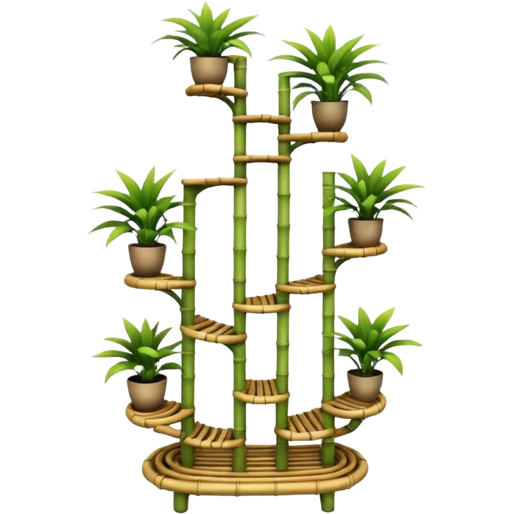 Large alien-futuristic multi-tier multi-level curved spiral step plant rack constructed from 7/8ths of an inch thin bamboo poles  emoji