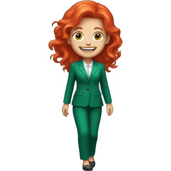 a girl with red hair, wearing an emerald pantsuit, ((cheerful, laughing)), surrounded by a white outline, on a transparent background emoji