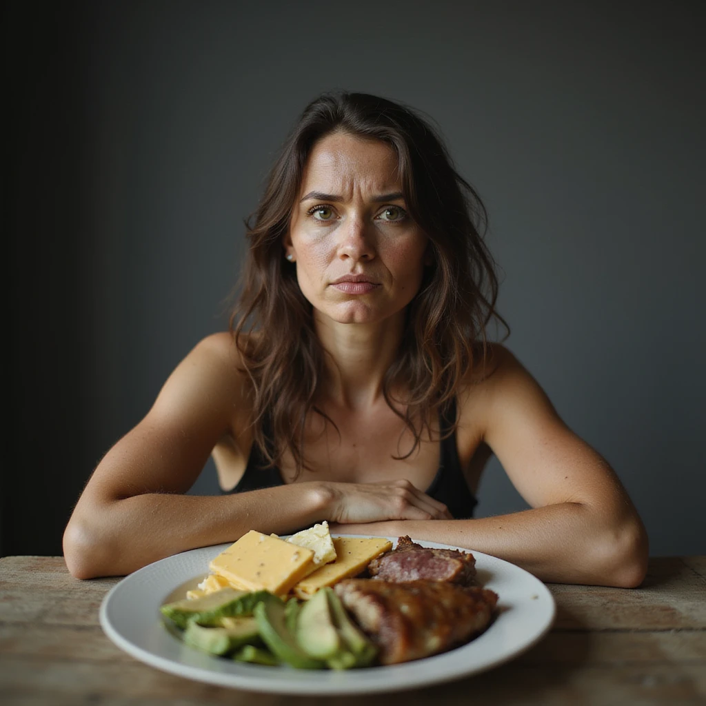 vertical 9:16 portrait of a woman with PCOS sitting at a table with a ketogenic plate including eggs, cheese, avocado, and meat, perplexed or dissatisfied expression, face with acne and facial hair, thin hair, realistic environment, hyperrealistic 4K details emoji