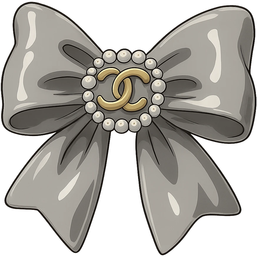 elegant bow with pearls and gold Chanel logo, glossy, monochrome, Ghibli style emoji