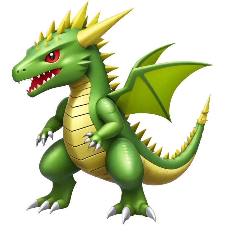 Cool cute shiny futuristic Flygon-Tyranitar-Digimon-hybrid-fusion, yellow belly, full body emoji