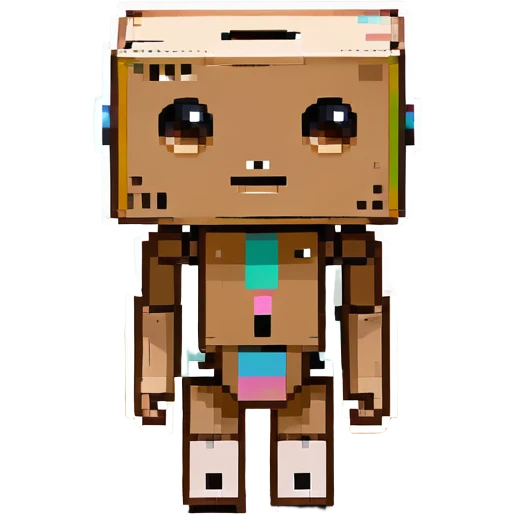small cardboard robot named Danbo standing alone in a softly lit room, square head with two round black eyes and a small rectangular mouth, folded cardboard body, jointed arms and legs, warm wooden floor, soft shadows, cartoonish, clean lines, pastel colors, cozy and nostalgic atmosphere emoji