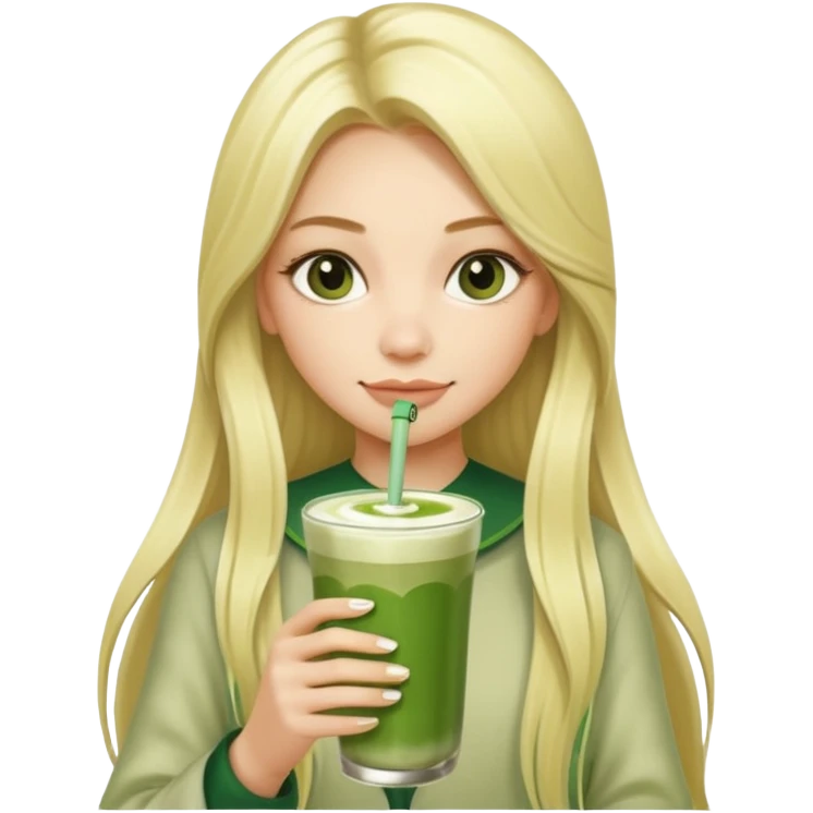 blonde luxury long hair girl with 1 drink of matcha latte and two straws emoji