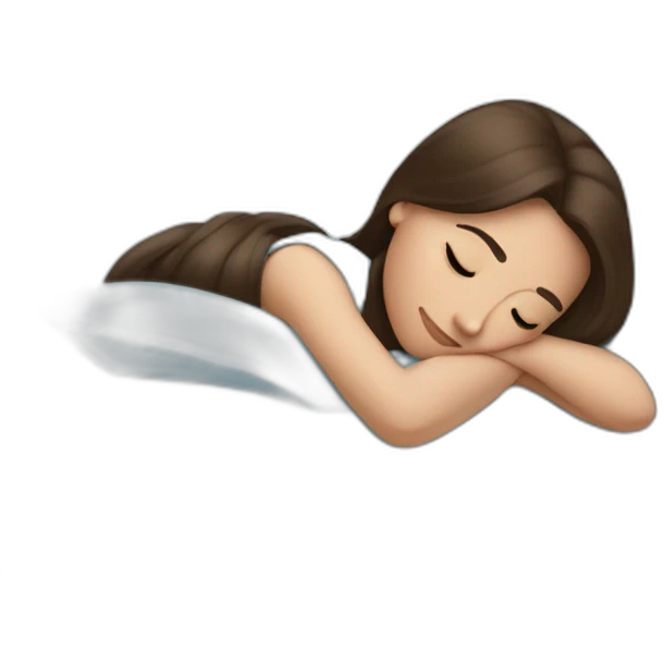 Brunette pressing her head against a light blue very soft bed pillow  emoji