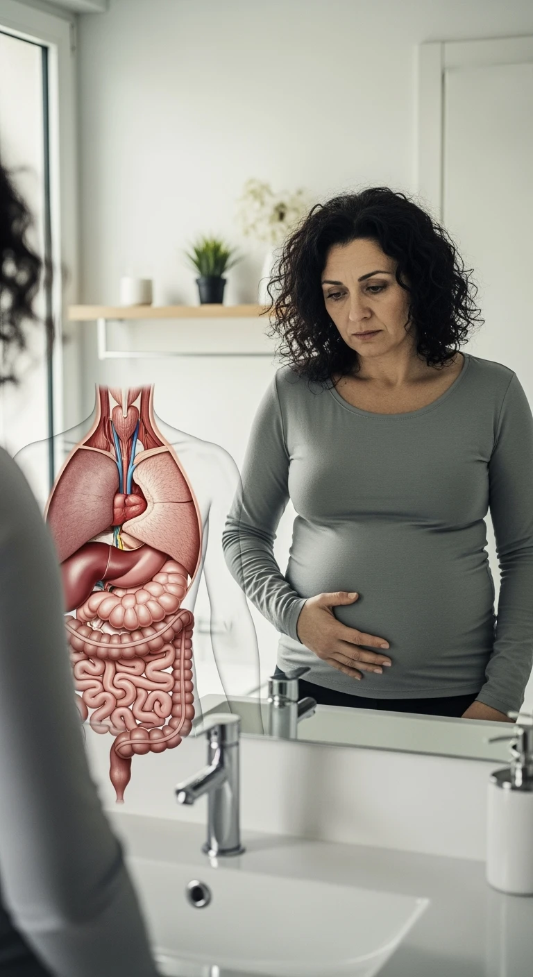 donna che si guarda allo specchio tenendosi la mano sulla pancia gonfia con espressione triste in volto, intestino umano anatomico in evidenza emoji