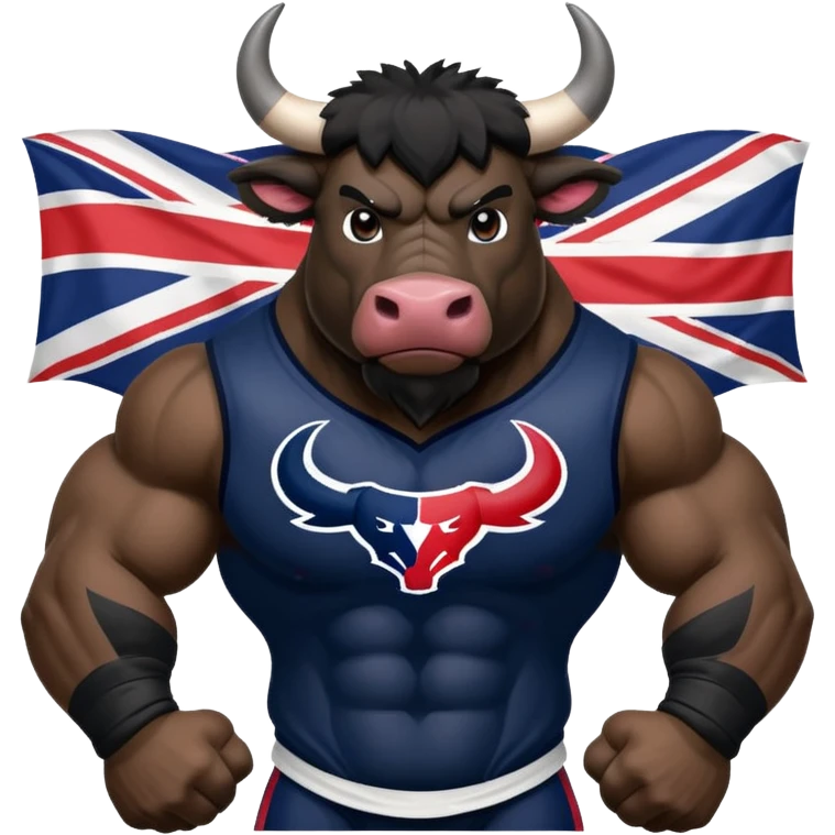 Houston texans black bull, wearing a texans jersey, with a union jack flag behing emoji