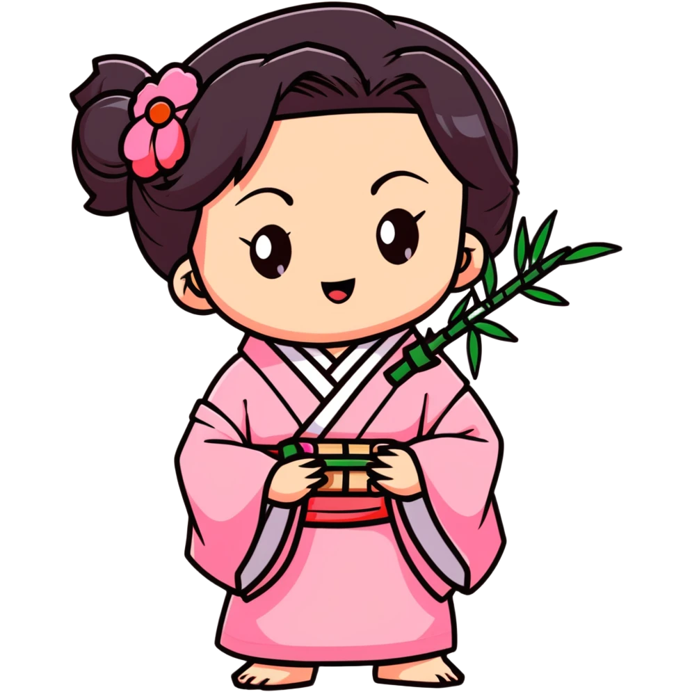 cute chibi Nezuko biting bamboo muzzle with her teeth clearly visible, pink kimono emoji