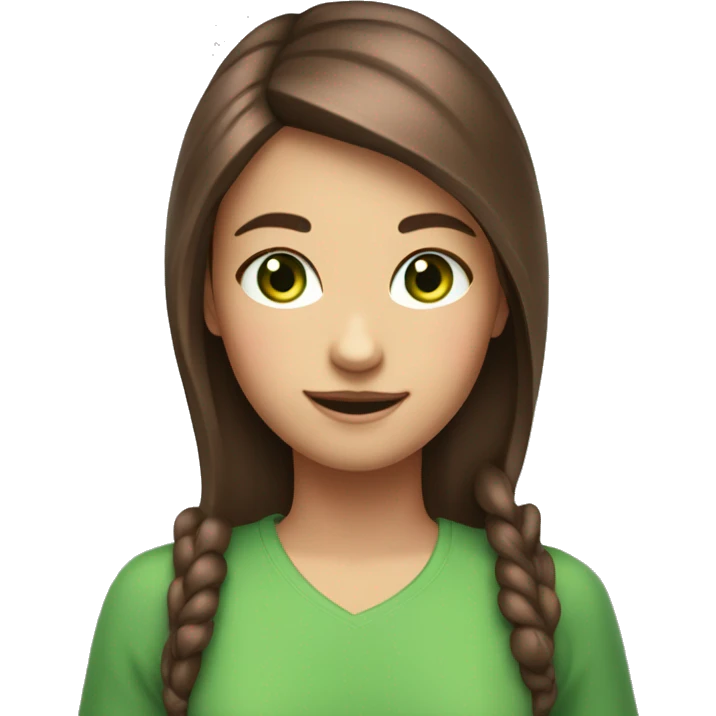 A girl with brown hair and a pink streak and green eyes, who holds a phone and it shines on her face, with a smile-smirk emoji