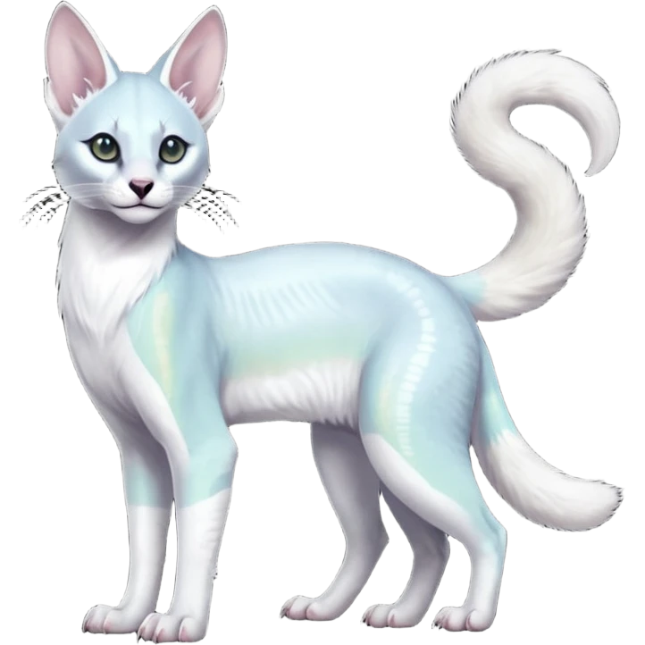 Colorful tropical pearly-albino-white iridescent glorious divine exotic cute cool beautiful shiny beautiful fantasy-caracal-civet-genet-sergal-vernid-Cacomistle-oncilla-animal-Fakémon-hybrid-fursona with tufted ears (full body) emoji