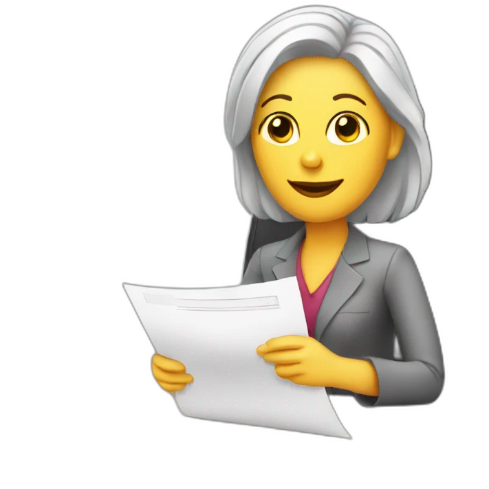 White woman sitting in office table with document on hand emoji