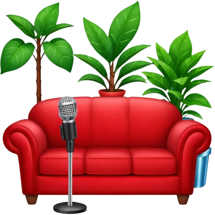 red velvet couch with a mic in front, houseplant in back, and sparkles emoji