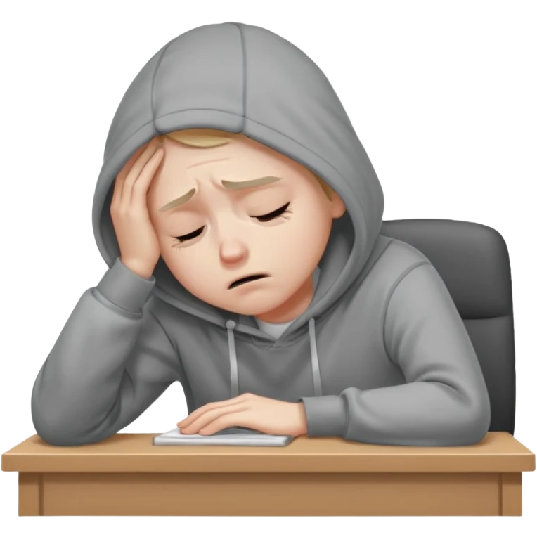 A person wearing a hoodie experiencing burnout, exhausted and overwhelmed, tired eyes, slumped posture, sitting at a desk, iOS emoji style emoji