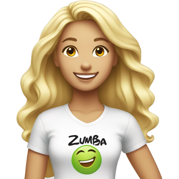 Blond girl smiling in with Zumba logo on white t-shirt emoji