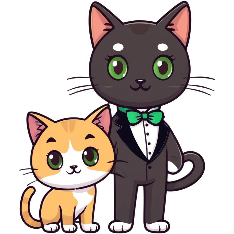 brown haired girl with light tan skin and brown eyes holding a black Bombay cat with green eyes and a black and white Tuxedo cat with hazel eyes emoji