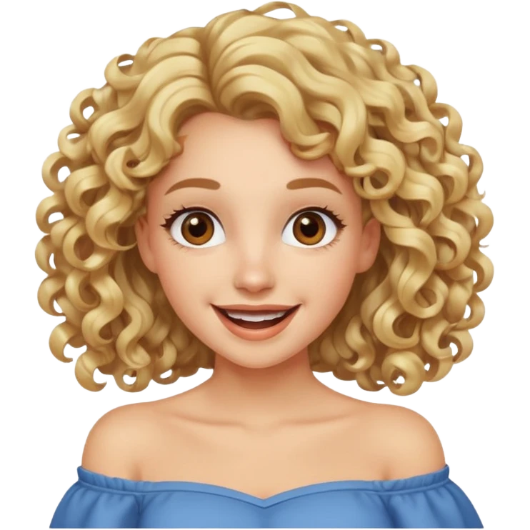 happy excited woman with curly long blond hair, brown eyes, wearing an off-shoulder top,  emoji