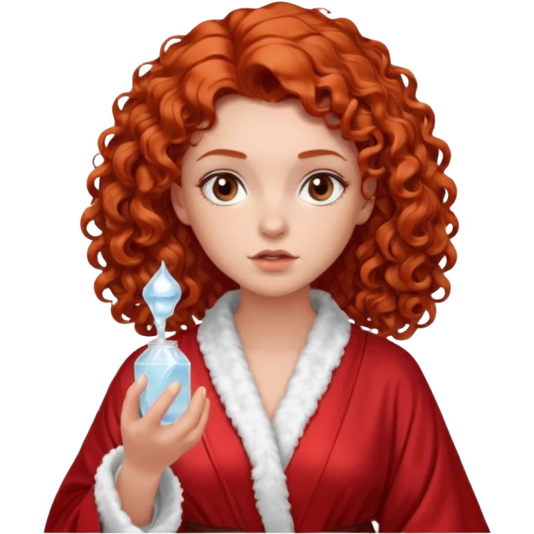 Cartoon emoji of a girl with voluminous curly red hair, fair skin, warm brown eyes. Wearing a chic milky silk robe with long sleeves, no makeup. Portrait mode, holding a ice cube for face skin care, looking doubtful and unsure. Smooth, simple, stylized." emoji