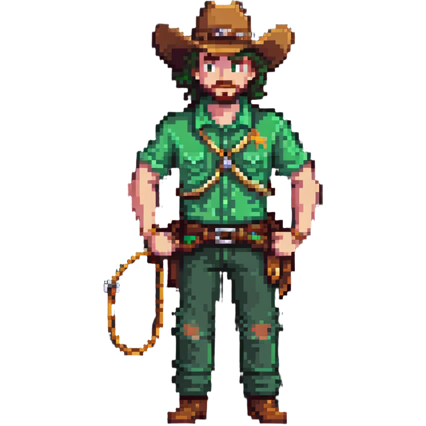 Cowboy character with green shirt, pants, and hat, holding a lasso emoji