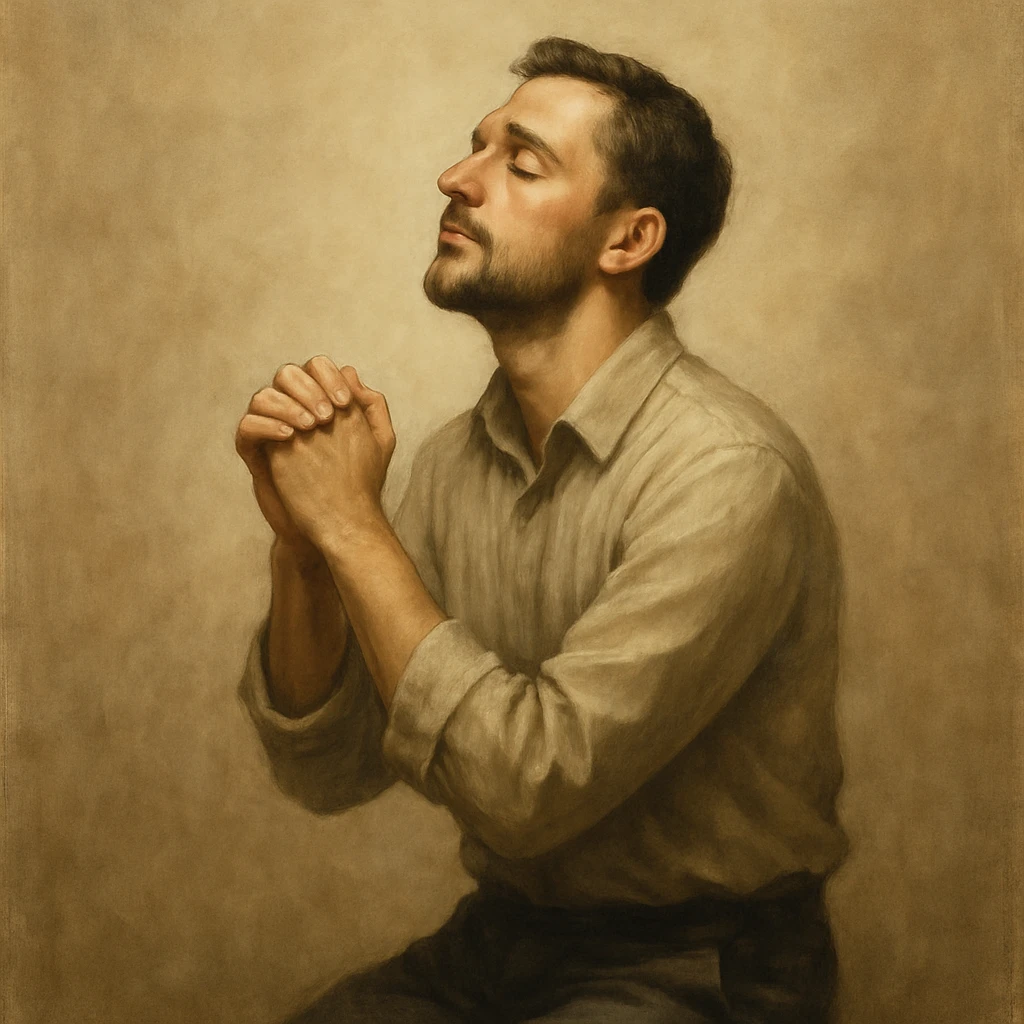 a man kneeling and praying to God, hands clasped, looking upward, peaceful expression, simple background emoji