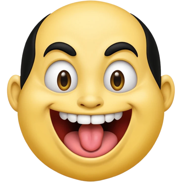 Freaky yellow face emoji smiling really big with huge tongue out and eyes wide open. Tongue should is wagging back and forth. Give him a head of black hair emoji