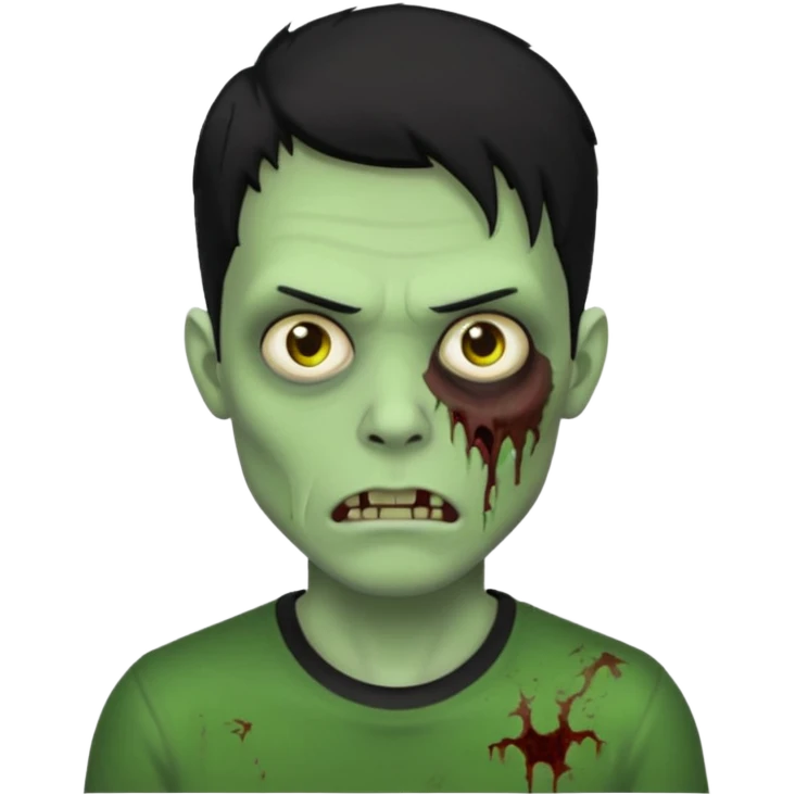Zombie Emoji AppleIOS Style, lowfade Black Hair, and Black T-shirt, Green Skin, normal expression emoji