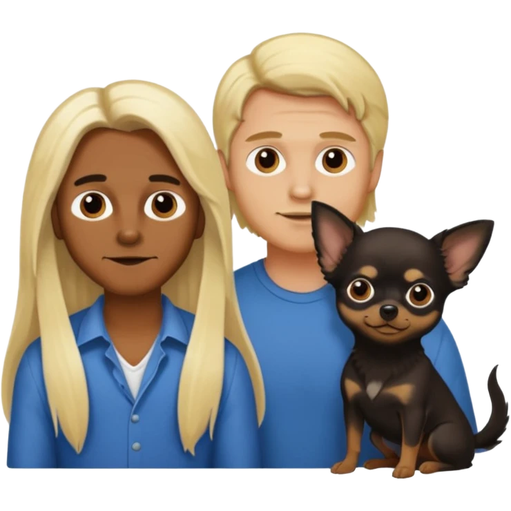 Hombre con pelo largo rubio su pareja chica de pelo castaño oscuro y un chihuahua negro emoji