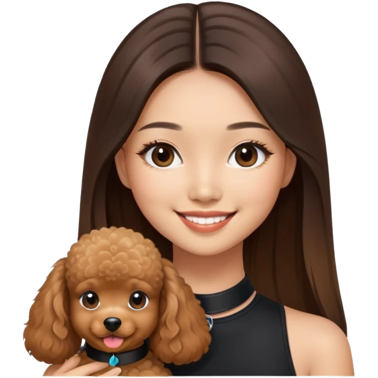 a asian girl with long straight balayage hair, long lashes, smiling, wearing black halterneck top, and holding a brown poodle emoji