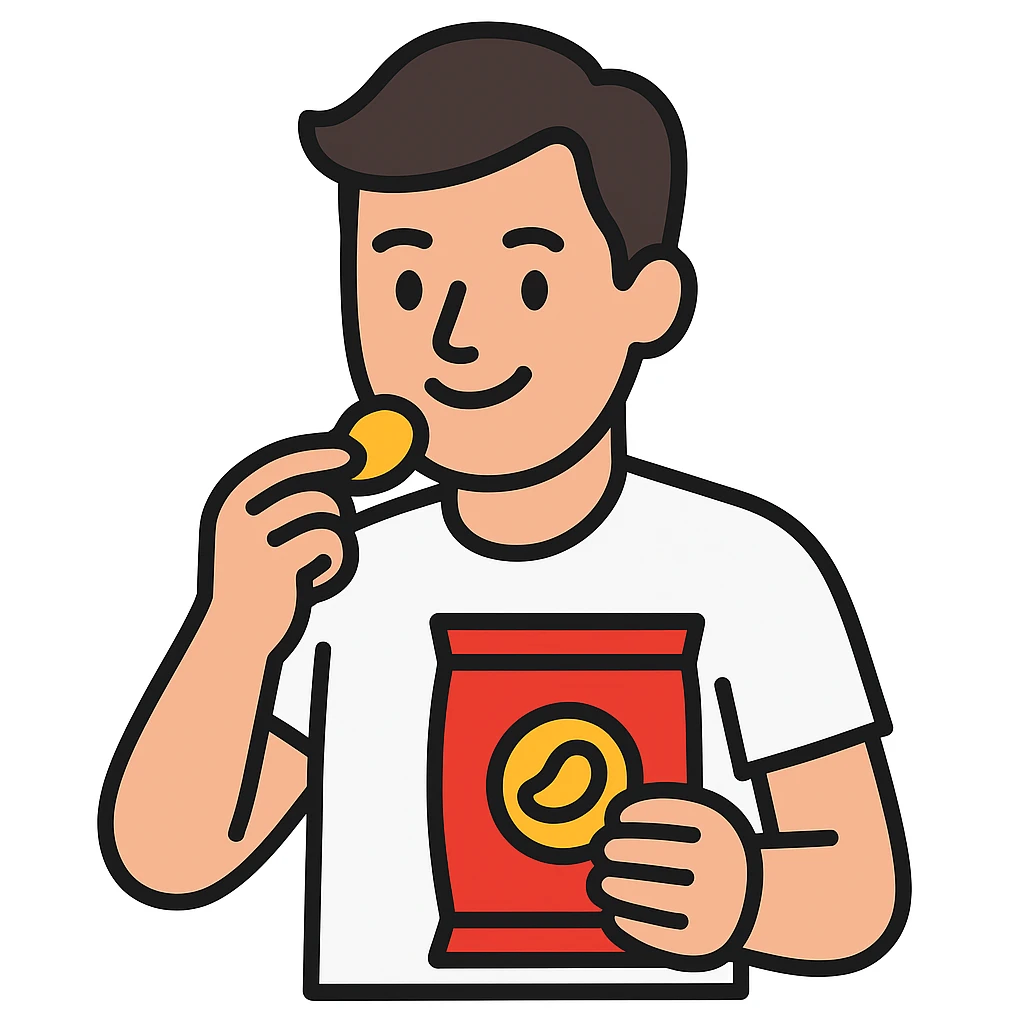 man eating chips, more white, smiling a little emoji