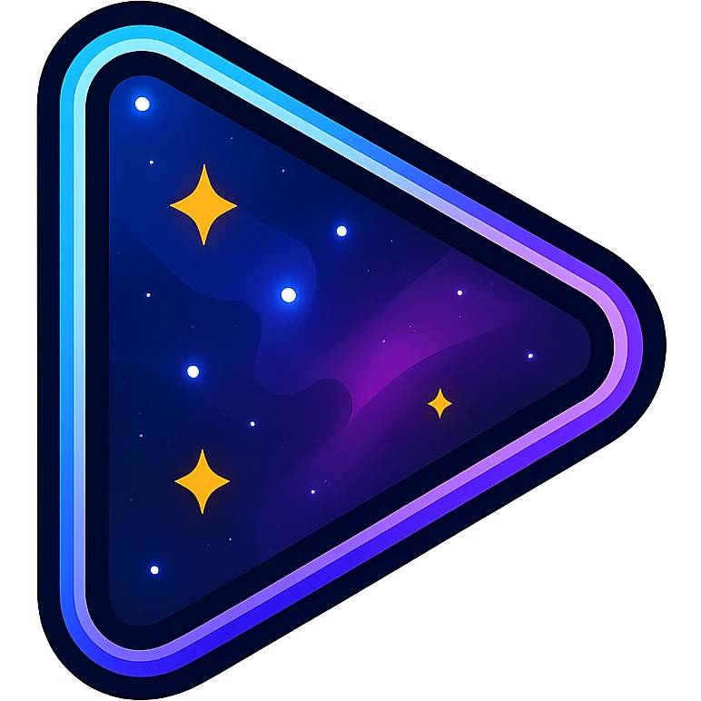 play icon, modern clean triangle with neon border and glowing effect, dark purples blues blacks base, nebula gradients, small bright stars, specular highlights, luminous look emoji