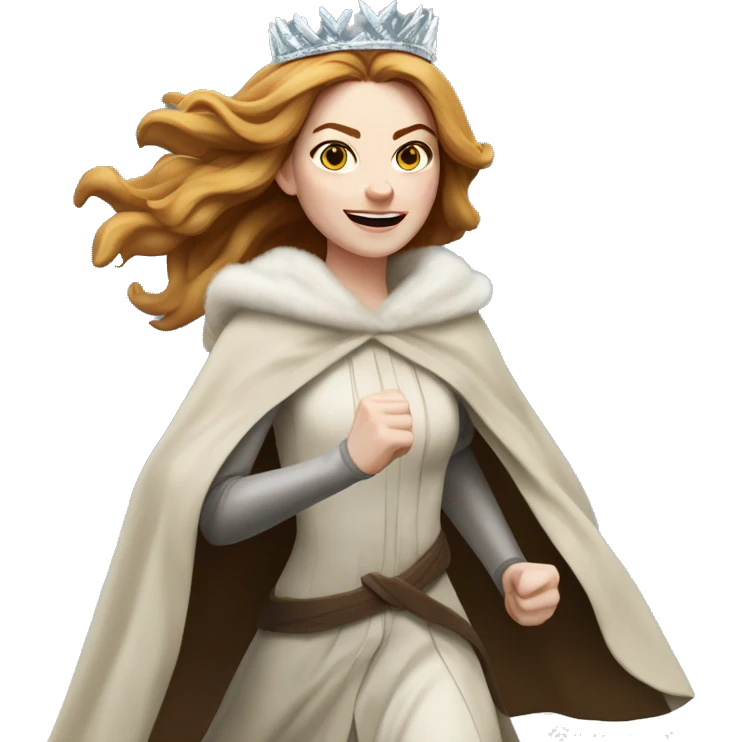 Emma Stone running, with a large stride and arms outstretched, wearing an icicle crown and winter cloak, long golden brown hair emoji