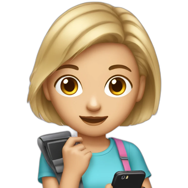 strigth short hair withe skin teenager girl playing with a cellphone emoji