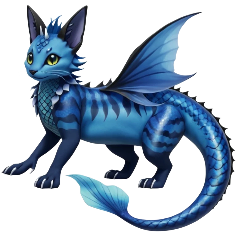 Epic complex abyssal fantasy divine glorious detailed dark dusky gloomy deep gothic gloomy cobalt-blue-abyss-blue-black-greyish, realistic Fakémon-Sprigatito-Floragato-Meowscarada-Vaporeon-Salandit-Trico-Sergal-Serval-Vernid-creature (full body) with mermaid-ears, tail fin, shiny sparkly, abyssal emoji