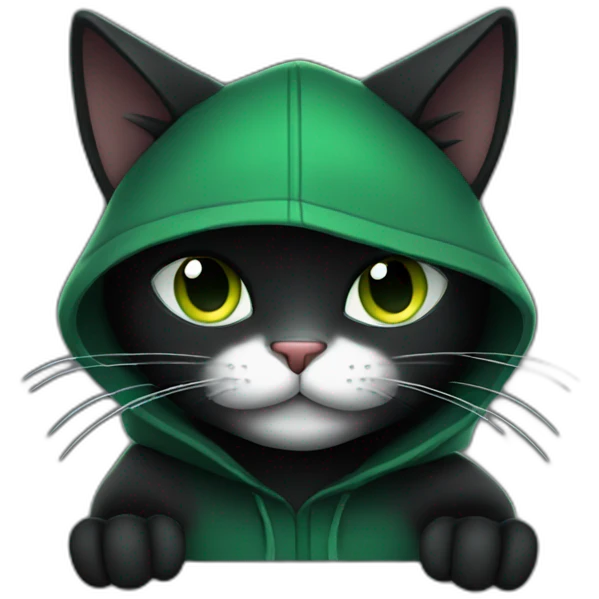 Green hooded black cat assassin waving emoji