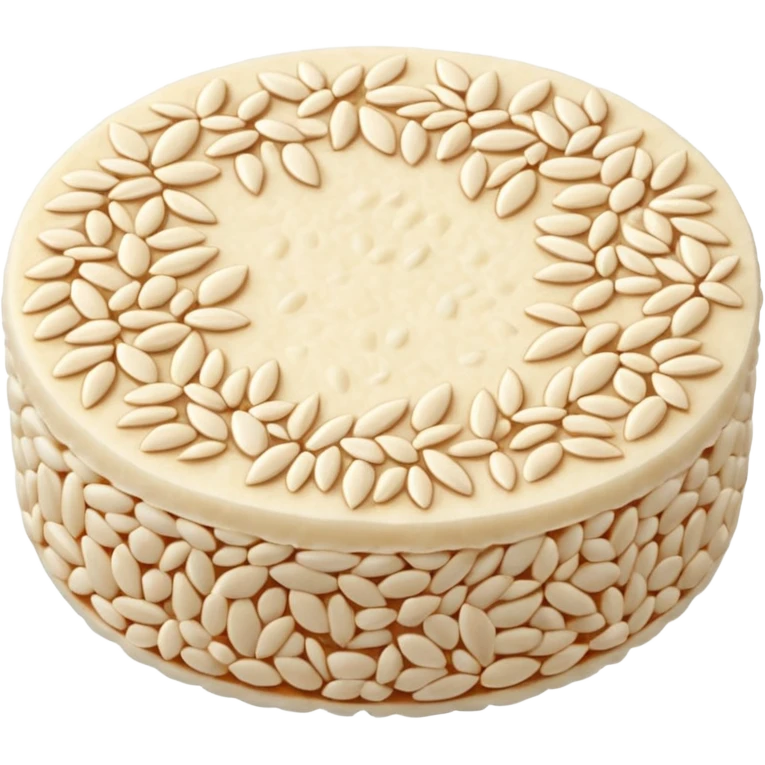 A round puffed rice cake, flat disc shape, light beige/off-white color, bumpy textured surface showing compressed puffed rice grains, crispy appearance, simple flat design, centered on transparent background. emoji
