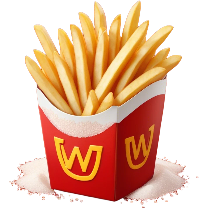 Cinematic crispy golden French fries, piled high, sprinkled with salt, served in a red carton, warm and inviting, rich golden hues, perfectly crunchy and delicious. emoji