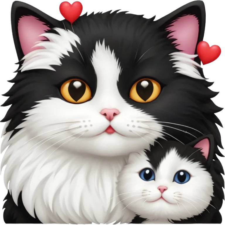 Big black cat face is kissing a small white cat face with hearts above emoji