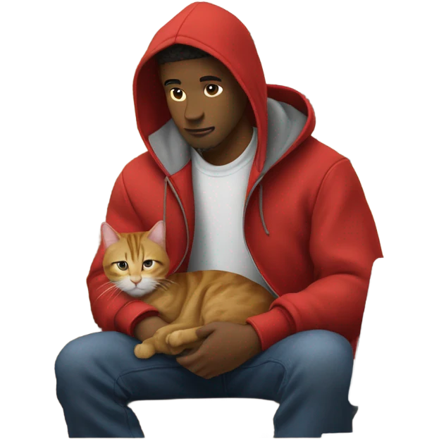 man in a carhartt coat with a red hoodie on and a tabby cat in his lap in a home office  emoji