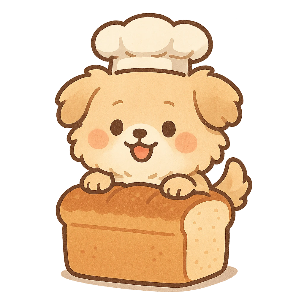 chibi style soft fluffy dog as a bread maker, peeking from a bread loaf, cheerful, warm beige, full-body emoji