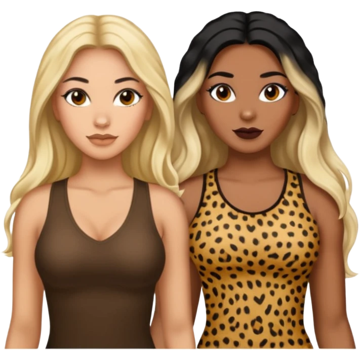 Tan Latina woman with long black hair chubby and dark skinned woman with long blonde hair slim thick in cheetah top sexy emoji