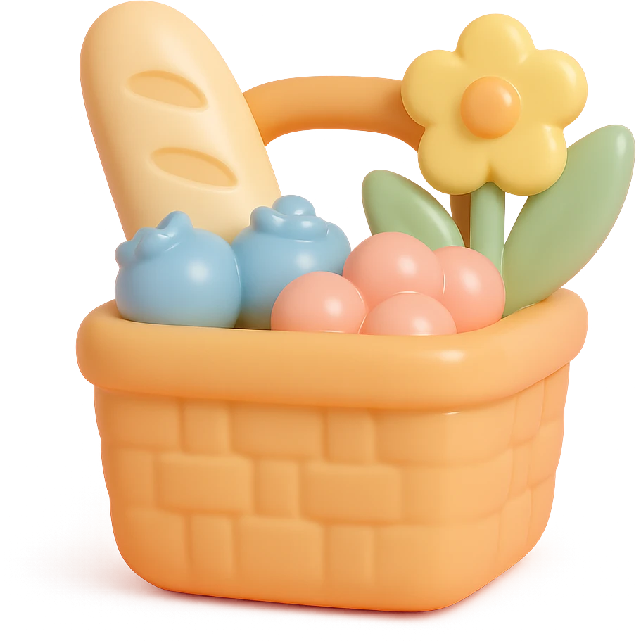 picnic basket with berries, bread, and flowers in warm pastel shades, vinyl figure style emoji