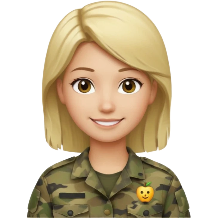 Apple-style emoji: female soldier, bust, no cap/helmet, friendly smile, generic camo top, blonde hair black color emoji
