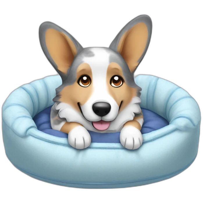 Blue Merle corgi sleeping in dog bed emoji